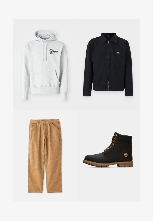Zwarte jas met ritssluiting en kraag, twee zijzakken en een klein borstzakje met rits en een rond logo embleem.; Grijze hoodie van zacht materiaal, met een voorzak, een capuchon met trekkoord en een zwart "Service Works" logo op de linkerborst.; Beige katoenen broek met een losse pasvorm, voorzien van zichtbare stiknaden, patchedetails en een licht gerimpelde structuur.; Zwarte leren enkellaars met gouden oogjes, bruine accenten en een rubberen zool. Heeft een gevoerde kraag en geperst logo aan de zijkant.
