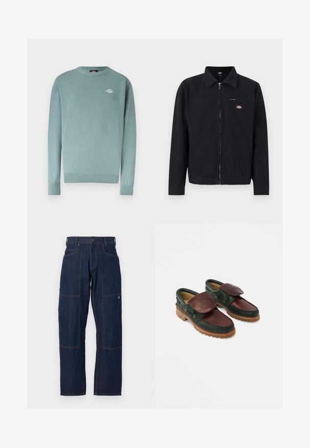 Veste noire zippée avec col, deux poches latérales et une petite poche poitrine zippée avec un patch logo circulaire.; Pull à col rond bleu clair avec poignets et ourlet côtelés, arborant un petit logo blanc sur le côté gauche de la poitrine.; Pantalon de travail en denim bleu foncé avec renforts aux genoux, poches avant, passants pour ceinture et fermeture par bouton à la taille.; Chaussures en cuir avec un corps vert foncé, un dessus bordeaux, un bout rond, un rabat sécurisé et une semelle en caoutchouc texturée avec des rainures.