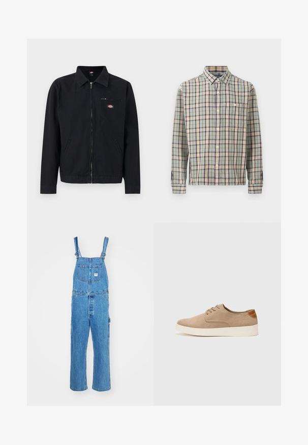 Musta vetoketjullinen takki, jossa on kaulus, kaksi sivutaskua ja pieni vetoketjullinen rintatasku, jossa on pyöreä logopläkki.; Nappilukollinen pitkähiha paita, jossa on vihreä, beige ja tummansininen ruutukuosi sekä yksittäinen rintatasku, tasaisella taustalla.; Farkkuhaalarit, joissa on säädettävät olkaimet, leveät lahkeet ja etutasku, jossa on etiketti. Vaaleansininen väri, jossa on teksturoitu pinta.; Beige nubuck-lenkkarit, joissa on pyöreä kärki, nauhakiinnitys ja teksturoitu takaosa. Valkoinen kumipohja tuo kontrastia. Yksinkertainen ja moderni muotoilu.