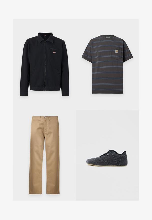 Veste noire zippée avec col, deux poches latérales et une petite poche poitrine zippée avec un patch logo circulaire.; T-shirt gris foncé à manches courtes avec fines rayures horizontales bleues et une poche poitrine avec un petit écusson logo Carhartt.; Pantalons chinos couleur sable en tissu de coton lisse, avec une coupe classique à jambe droite, des poches avant et une seule poche arrière.; Chaussures décontractées en denim noir avec un bout rond, une surface texturée, des coutures contrastantes et une semelle en caoutchouc verte flexible. Conception à lacets sur le devant.