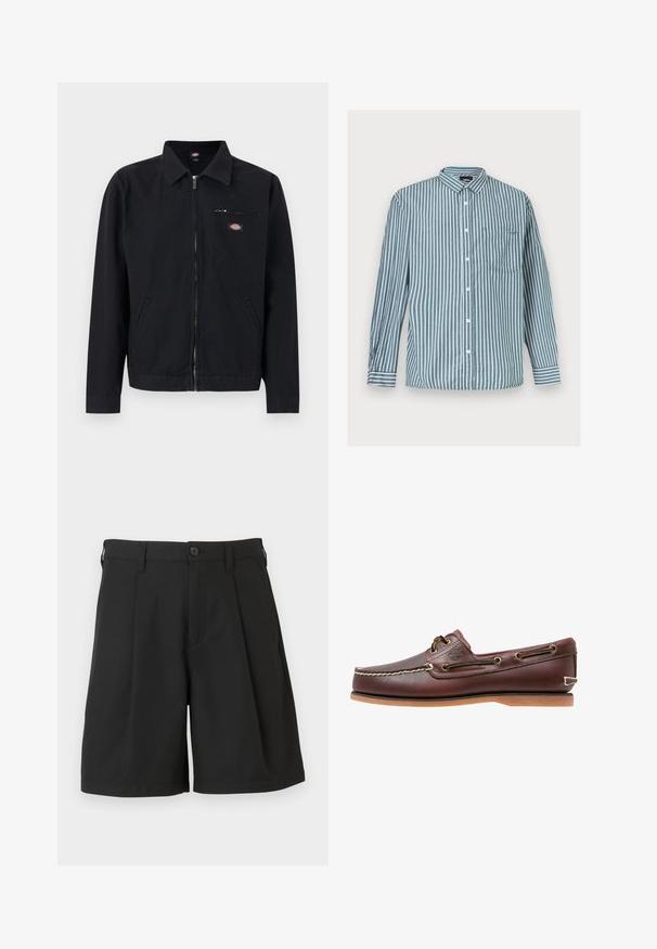 Veste noire zippée avec col, deux poches latérales et une petite poche poitrine zippée avec un patch logo circulaire.; Chemise pour homme à manches longues avec boutons, rayures verticales vertes et blanches, et une poche poitrine, posée à plat sur un fond clair.; Shorts noirs en tissu lisse, avec une coupe structurée, des plis à l'avant et une fermeture par un bouton unique à la taille.; Chaussure bateau en cuir marron avec coutures blanches, détails de lacets et semelle en caoutchouc beige, vue de côté sur fond blanc.