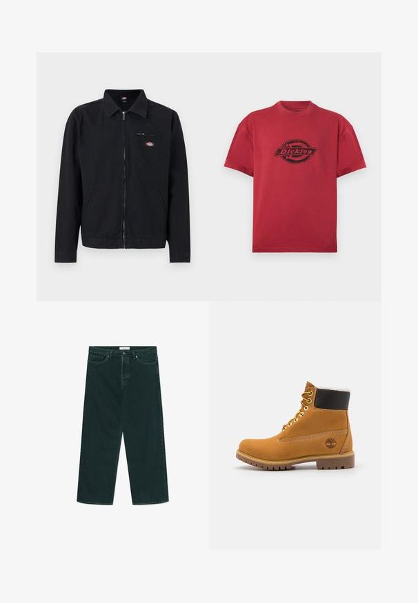 Zwarte jas met ritssluiting en kraag, twee zijzakken en een klein borstzakje met rits en een rond logo embleem.; Rood T-shirt met korte mouwen en ronde hals, met een zwarte "Dickies"-logo gedrukt middenvoor.; Donkergroene spijkerbroek met wijdere pijpen, voorzien van een knoop- en ritsclosure, voorzakken en riemlussen, plat gelegd op een witte achtergrond.; Bruine leren enkellaars met metalen oogjes, witte faux bont voering, zwarte gewatteerde kraag, robuuste zool en een reliëflogo aan de zijkant.