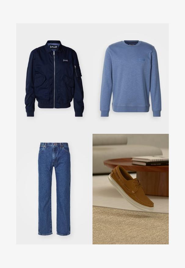 Marineblå lynlåstrøje med klaplommer, ribstrikkede manchetter og kant, en lille lynlåslomme på ærmet og en Schott-logo på brystet.; Blå crewneck sweatshirt lavet af blødt stof, med en tekstureret overflade og en subtil logo patch på brystet. Ribbet manchetter og kant.; Straight-leg blå denim jeans med frontknap, lynlås, bæltestropper og fem-lomme design på en ensfarvet hvid baggrund.; Brun bådsko i læder med hvid gummisål, med syninger, snørelukning foran og metaløjer.