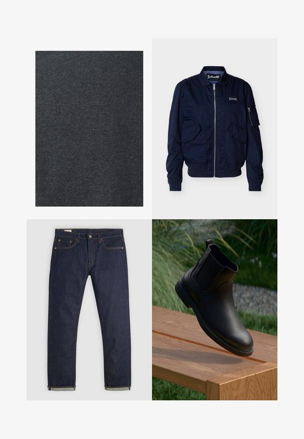 Veste zippée bleu marine avec poches à rabat, poignets et ourlet côtelés, petite poche zippée sur la manche, et patch logo Schott sur la poitrine.; Tissu en coton noir avec une texture lisse, présentant un motif de tricot uniforme et sans embellissements ni détails en métal visibles.; Jean en denim bleu foncé à coupe droite avec revers roulés, design cinq poches, rivets en cuivre et fermeture par bouton sur fond uni.; Bottine en cuir noir avec panneaux latéraux élastiques, bout rond et semelle extérieure en caoutchouc texturée, flottant au-dessus d'une table en bois.