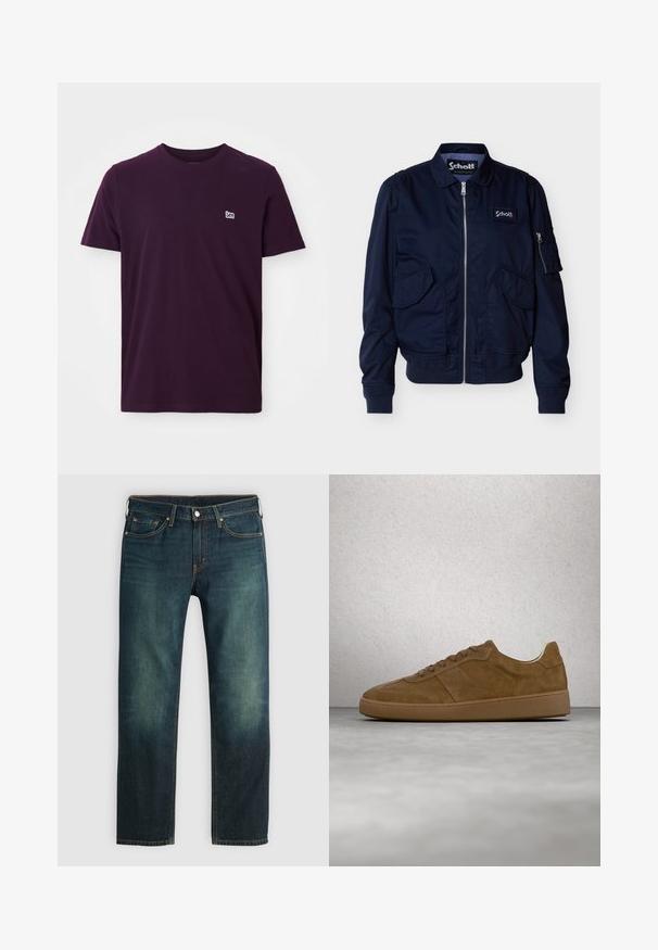 Veste zippée bleu marine avec poches à rabat, poignets et ourlet côtelés, petite poche zippée sur la manche, et patch logo Schott sur la poitrine.; T-shirt en coton violet foncé avec des manches courtes, col rond et petit logo blanc sur la poitrine gauche. Texture douce et lisse.; Jean en denim bleu foncé avec une coupe droite, coutures visibles, style cinq poches et une texture légèrement usée avec un léger délavage.; Baskets en daim marron avec des lacets couleur fauve et une semelle en caoutchouc. Présente un bout arrondi et des détails cousus sur la tige. Design léger.