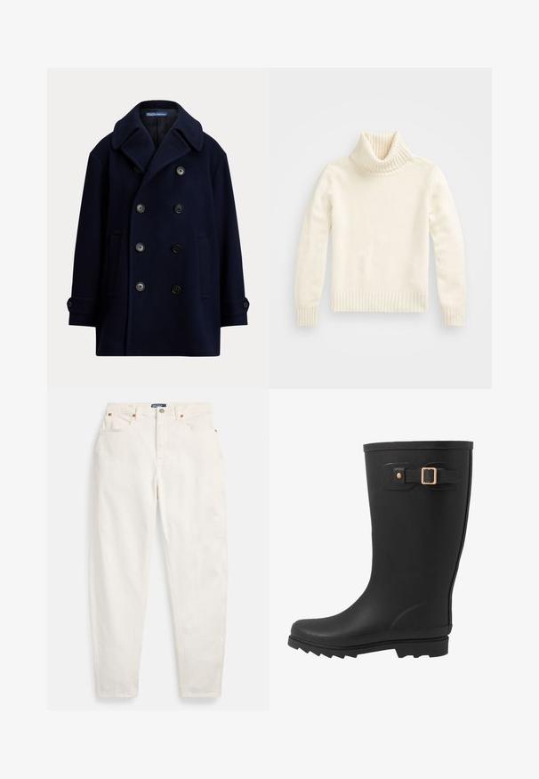 Tmavomodrý dvojradový pea coat s širokými klopami, čiernymi gombíkmi, bočnými vreckami a zapínanými manžetami, vyrobený z tkaniny z vlnenej zmesi.; Krémový rolák, pletená textúra, rebrovaný golier a manžety, priliehavý strih s krátkou dĺžkou a jemným povrchom.; Biele rifle s vysokým pásom a rovnými nohavicami, s predným gombíkom a zipsom, dizajn s piatimi vreckami a značkovou nálepkou Polo na páse.; Čierna gumová dážďová čižma s okrúhlou špičkou, textúrovanou podrážkou a postranným popruhom s akcentom zlatého pracky.
