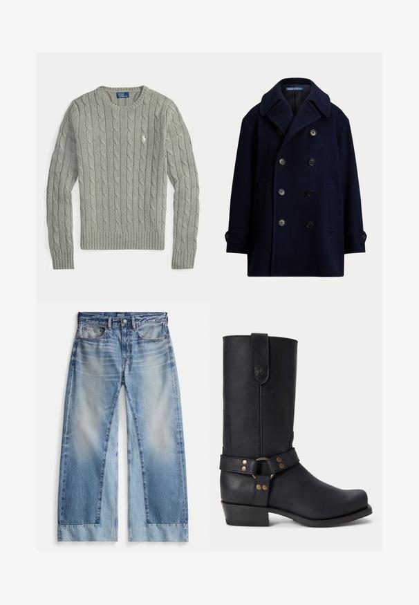 Tmavomodrý dvojradový pea coat s širokými klopami, čiernymi gombíkmi, bočnými vreckami a zapínanými manžetami, vyrobený z tkaniny z vlnenej zmesi.; Svetlosivý sveter s vrkočovým vzorom, dlhými rukávmi, okrúhlym výstrihom, rebrovanými manžetami a lemom a malým vyšívaným logom na hrudi.; Svetlomodré džínsové nohavice s širokými nohavicami, s vyblednutým efektom, dvoma prednými vreckami, zapínaním na gombíky a ošúchanými lemami. Vyrobené z rifľovej látky.; Čierne kožené čižmy po lýtko s nízkym podpätkom, zaokrúhlenou špičkou a dekoračným remienkom s kovovými nitmi a krúžkom okolo členka.