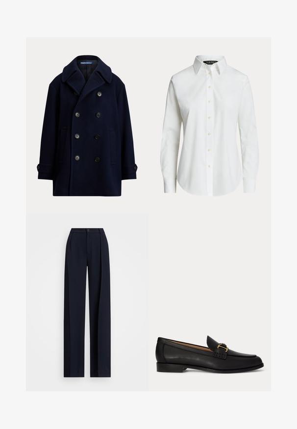 Marineblå dobbeltbrystet pea coat med brede slag, sorte knapper, sidelommer og manchetter med knapper, lavet af uldblandingsstof.; Hvid langærmet skjorte med knapper, klassisk krave og synlige knapper foran, vist på en ensfarvet baggrund.; Mørkeblå brede bukser med folder, knappelukning og en glat stofstruktur. Designet til en løs og komfortabel pasform.; Sort læderloafer med lille hæl og dekorativt gyldent spænde foran, vist fra siden på en hvid baggrund.