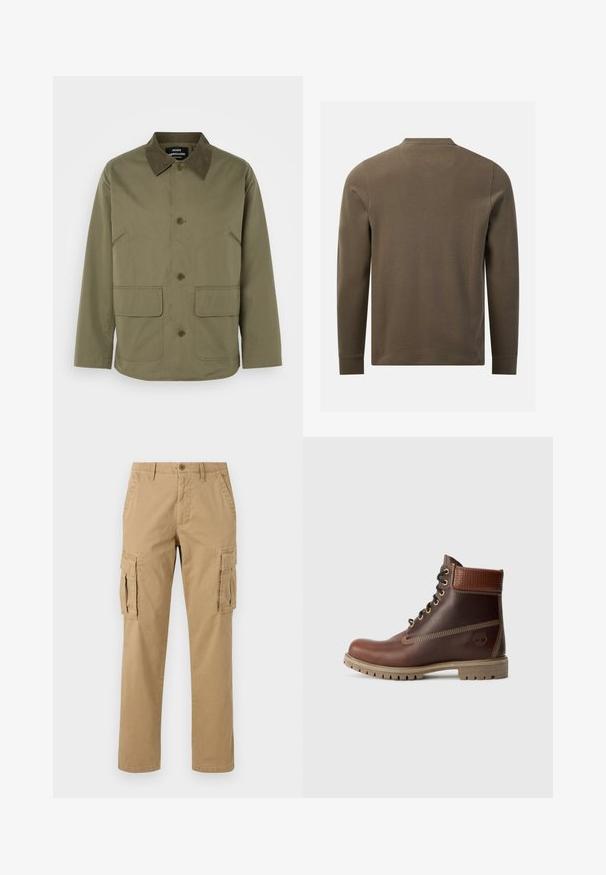 Chaqueta verde oliva con un cuello de ante marrón, que cuenta con dos bolsillos de parche en la parte delantera y un cierre de botones, fabricada con un tejido duradero.; Camisa texturizada de manga larga en verde oliva mostrada desde atrás con cuello redondo y puños lisos sobre fondo blanco.; Pantalones cargo beige con dos bolsillos laterales, cierre de botón, diseño de pierna recta y una tela suave y texturizada.; Botín de cuero marrón con cordones, cuello acolchado, costuras en contraste y suela resistente, mostrado desde el lado exterior sobre un fondo blanco.