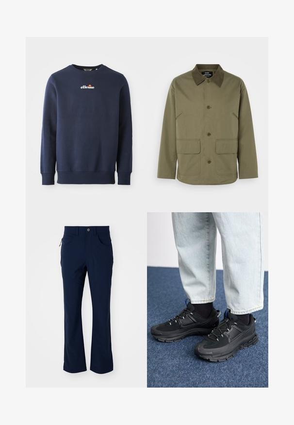 Olivgrüne Jacke mit einem braunen Wildlederkragen, ausgestattet mit zwei vorderen aufgesetzten Taschen und einer Knopfleiste, gefertigt aus einem strapazierfähigen Stoff.; Dunkelblaues Sweatshirt aus einem weichen Material, mit Rundhalsausschnitt und gerippten Bündchen. Gesticktes "ellesse"-Logo mit farbigen Akzenten.; Marineblaue, gerade geschnittene Hosen mit Gürtelschlaufen, Knopfverschluss, vorderen Taschen und einer mit Reißverschluss versehenen Taschenseite auf einem weißen Hintergrund.; Schwarze Sportschuhe aus strukturiertem Stoff mit Gummisohlen, ausgestattet mit elastischen Schnürsenkeln und einem blauen Akzent an der Ferse. Getragen mit hellen Jeans.
