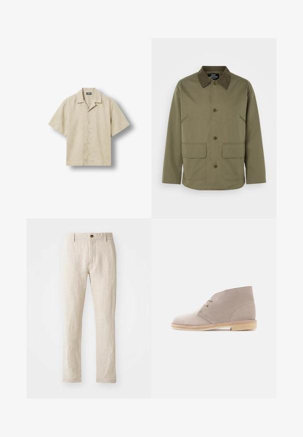 Olive green jacket with a brown suede collar, featuring two front patch pockets and a button-up front, made from a durable fabric.; Beige short-sleeve button-up shirt with camp collar, five buttons down front, and brand label inside collar.; Beige linen trousers with a slim fit, featuring a single brown button closure, straight legs, and a textured fabric finish.; Beige suede ankle boot with two-eyelet lace-up, crepe sole, and low stacked heel, shown from the side on a plain background.