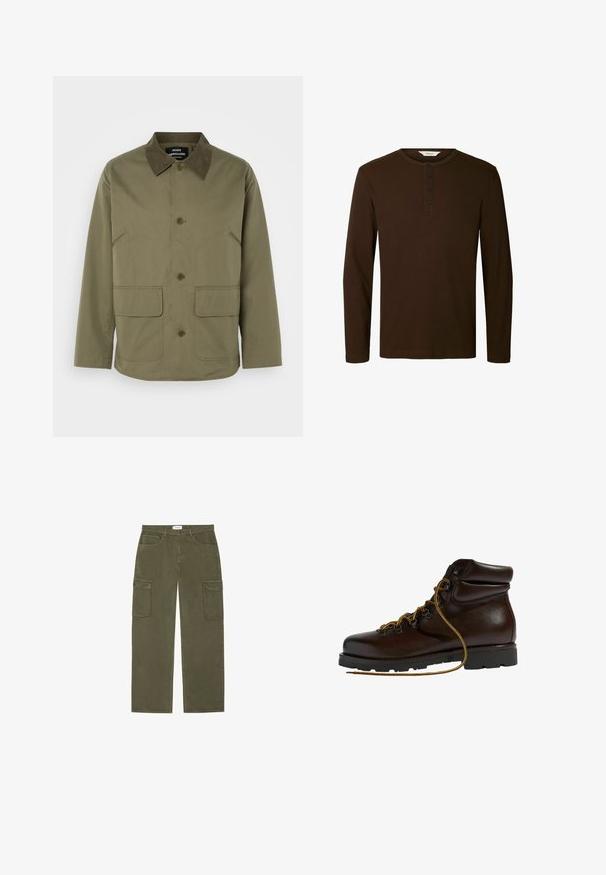 Veste vert olive avec un col en daim marron, dotée de deux poches plaquées à l'avant et d'une fermeture à boutons, fabriquée à partir d'un tissu durable.; Chemise henley marron foncé à manches longues avec col rond et quatre boutons noirs au centre devant.; Pantalons cargo vert olive avec un design à jambes droites, deux grandes poches latérales et une coupe classique à cinq poches. Fabriqués en matériau en coton solide.; Bottine de randonnée en cuir marron avec un bout arrondi, surface texturée, lacets jaunes et œillets en métal. Dotée d'une semelle en caoutchouc noir robuste.