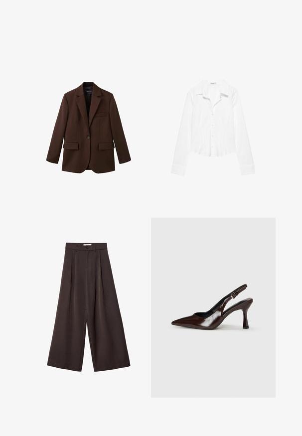 Blazer marron en tissu texturé avec un col cranté, fermeture à un bouton et deux poches avant.; Chemise blanche à manches longues avec col, taille légèrement cintrée et poignets boutonnés, présentée sur fond blanc.; Pantalon à jambes larges en tissu brun foncé, avec des plis, une fermeture par bouton, et une texture lisse ; longueur cheville avec une coupe ajustée.; Talons slingback en cuir verni brun avec un bout pointu, un talon fin, et une sangle réglable avec une petite boucle.