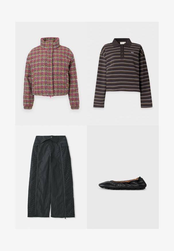 Polstret, cropped jakke med høj krave. Fremstillet af multicolor vævet stof i ternet mønster. Har elastiske manchetter og en lyserød lynlås.; Langærmet sort poloshirt med tynde hvide og brune vandrette striber og fem knapper foran, lille hvidt logo på brystet.; Sort brede bukser lavet af letvægtsmateriale, der har teksturerede mønstre på siderne og lynlåsåbninger ved kanten.; Sort læder balletflade med samlet detaljering ved kraven, rund tå og fleksibel gummisål. Glat tekstur hele vejen igennem.