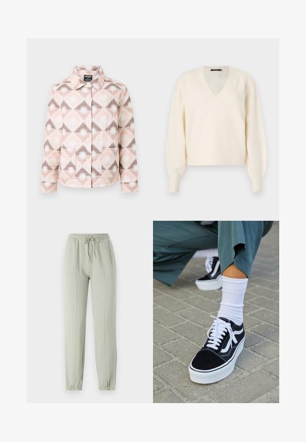 Gequilte jas met een geometrisch patroon in roze, beige en bruin. Voorzien van een kraag, knoopsluiting en twee voorkruiszakken.; Vero Moda Knitted VMBOOM Knitted - Trui - birch melange; Lichtgroene sweatpants met een elastische tailleband, verstelbare trekkoord en taps toelopende boorden. Heeft verticale naaddetails aan de voorkant.; Zwarte suède sneaker met witte accenten en veters, uitgerust met een dikke witte zool en contrasterende stiksels, gecombineerd met een witte sok.