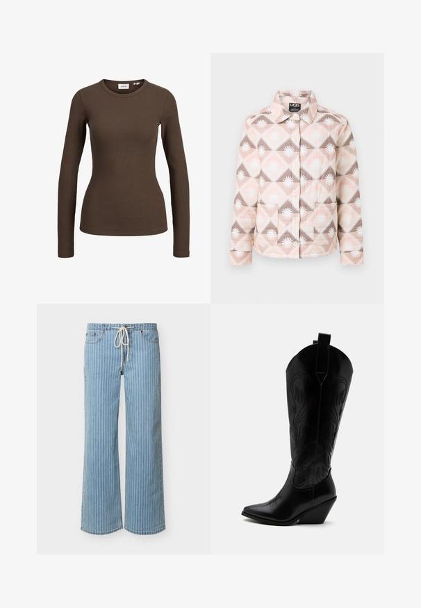 Vatteret jakke med et geometrisk mønster i pink, beige og brun. Har krave, knaplukning og to forlommer.; Brun ribbet langærmet tætsiddende skjorte med rund halsudskæring, vist på en hvid baggrund.; Lyseblå jeans med vide ben og lodrette hvide striber samt hvid snøre i den elastiske talje, forlommer synlige.; Sort læder cowboystøvle med spidst tåparti, skråt blokhælhæl, dekorative sømme og trækstropper øverst mod hvid baggrund.