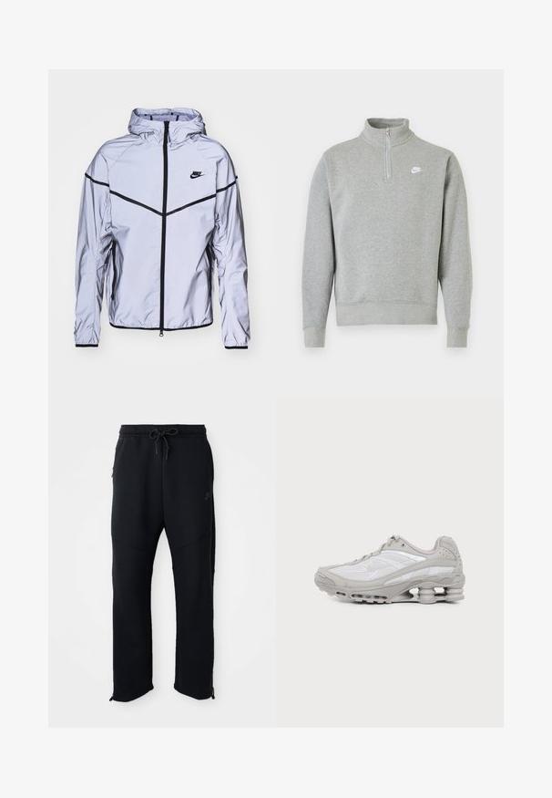 Nike Sportswear Lichte jas - reflect silver; Grijze sweatshirt met een halve ritssluiting bij de kraag, lange mouwen, ribgebreide manchetten en zoom. Voorzien van een klein wit Nike-logo op de borst.; Zwarte sportbroek met elastische tailleband en trekkoord, met zijzakken, taps toelopende pijpen en ritsen bij de enkels. Glad textuur.; Grijze en witte sportschoen met zichtbare luchtkussenzool en meshpanelen, in profiel weergegeven op een eenvoudige lichte achtergrond.