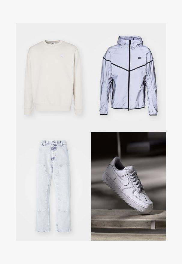 Nike Sportswear Chaqueta fina - reflect silver; Nike Sportswear CRW - Jersey con capucha - orewood; Pantalones vaqueros de mezclilla azul claro, de pierna recta, con bolsillos de parche, cintura alta y un acabado desgastado. Presentan costuras tonales y un ajuste relajado.; Zapatilla Nike Air Force 1 de cuero blanco que presenta una puntera perforada, cordones planos y una suela de goma texturizada con la marca "AIR" en el lateral.