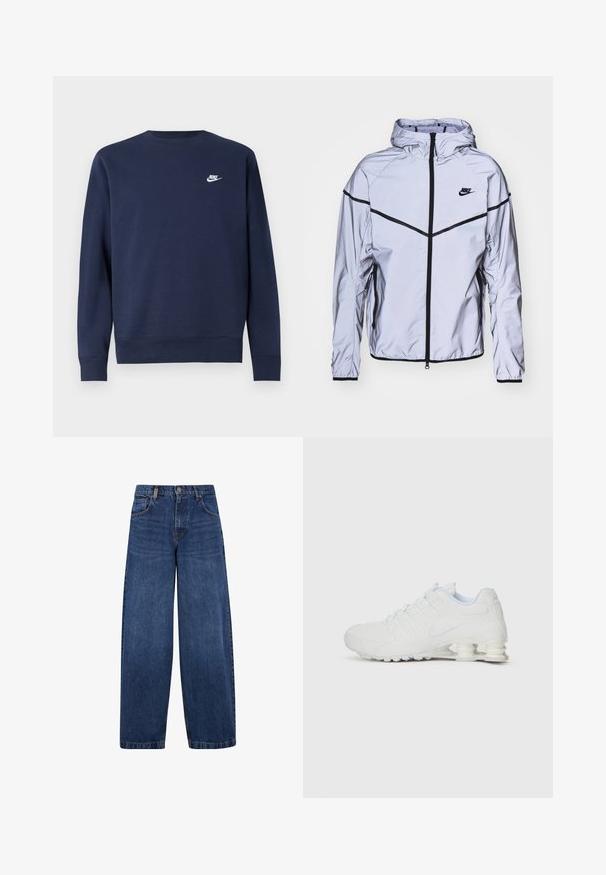Nike Sportswear Let jakke / Sommerjakker - reflect silver; Marineblå sweatshirt lavet af blødt stof, med rund halsudskæring og lange ærmer samt en lille hvid Nike-logo på brystet.; Bredde ben blå denim jeans med et klassisk design med fem lommer, knaplukning og en let falmet tekstur. Robuste syninger.; Hvid atletisk sko med en glat syntetisk overdel, teksturerede accenter og en karakteristisk segmenteret hæl til stødabsorption. Snørebåndsdesign.