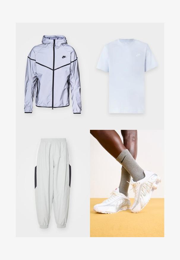 Nike Sportswear Let jakke / Sommerjakker - reflect silver; Lyseblå bomulds t-shirt med korte ærmer, rund hals og et hvidt Nike-logo trykt på venstre bryst. Glat tekstur, simpelt design.; Lys grå træningsbukser lavet af letvægtsstof, med elastisk talje og manchetter, samt kontrasterende sorte og hvide sidelapper.; Nike sneakers i hvid med sølv accenter, der har teksturerede paneler og perforeringer. Sammen med grå ribbede sokker, sat mod en gul baggrund.