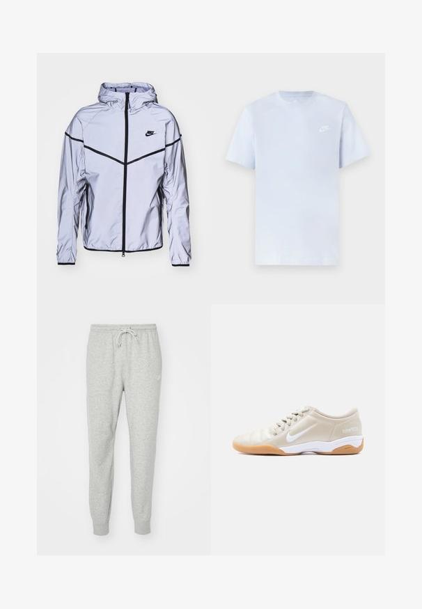 Nike Sportswear Lichte jas - reflect silver; Lichtblauwe katoenen t-shirt met korte mouwen, ronde hals en een wit Nike-logo gedrukt op de linkerborst. Glad textuur, eenvoudig ontwerp.; Grijze sweatpants gemaakt van zacht materiaal met een elastische tailleband, een trekkoordsluiting en ribgebreide boorden. Voorzien van een klein logo aan de zijkant.; Beige Nike Total 90 III zaalvoetbalschoen met witte Swoosh, witte tussenzool, gum rubberen buitenzool en beige veters, zijaanzicht.