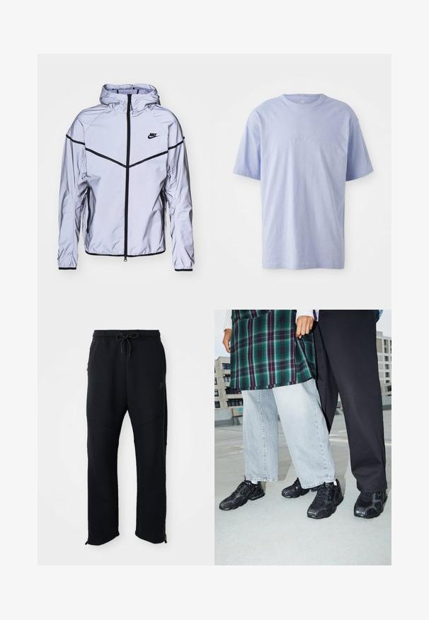 Nike Sportswear Lichte jas - reflect silver; Lichtblauwe katoenen T-shirt met een ronde hals en korte mouwen. Kenmerkt zich door een reliëf "nike" logo op het midden van de voorkant. Zachte textuur.; Zwarte sportbroek met elastische tailleband en trekkoord, met zijzakken, taps toelopende pijpen en ritsen bij de enkels. Glad textuur.; Zwarte sportieve schoenen met mesh- en rubberaccenten. Draagt een lichtgrijze wijde spijkerbroek en een groen geruit shirt. Effen achtergrond.