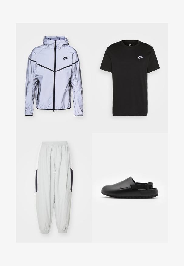Nike Sportswear Chaqueta fina - reflect silver; Camiseta de algodón negra con mangas cortas, cuello redondo y un pequeño logo blanco de Nike en la parte superior del lado izquierdo del pecho. Textura suave. Corte clásico.; Pantalones de chándal ligeros en gris claro, fabricados con material ligero, con cintura y puños elásticos, y paneles laterales en negro y blanco contrastantes.; Zuecos negros moldeados con una textura suave, correa trasera para mayor estabilidad y suela acanalada para un buen agarre. Presenta un pequeño logo lateral.