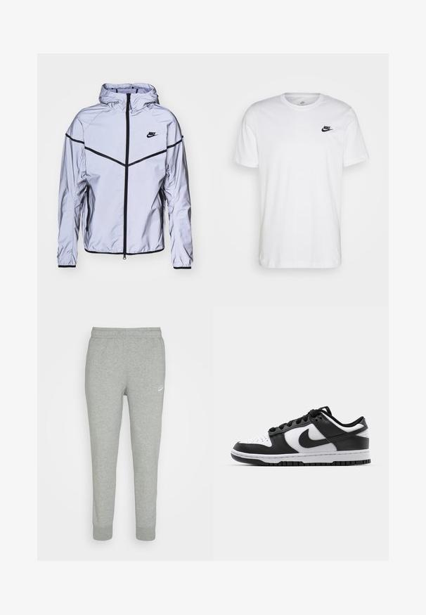 Nike Sportswear Leichte Jacke - reflect silver; Weißes Baumwoll-T-Shirt mit Rundhalsausschnitt, kurzen Ärmeln und einem schwarzen Nike-Logo auf der linken Brust. Einfaches, einfarbiges Design.; Graue Sweatpants aus weichem Stoff, mit schmal zulaufendem Bein, elastischem Bund und kleinem weißen Nike-Logo am linken Oberschenkel.; Schwarze und weiße Nike Dunk Sneakers mit einem Obermaterial aus Leder, perforierter Zehenpartie, schwarzen Schnürsenkeln und einer schwarzen Gummisohle mit Profildesign.