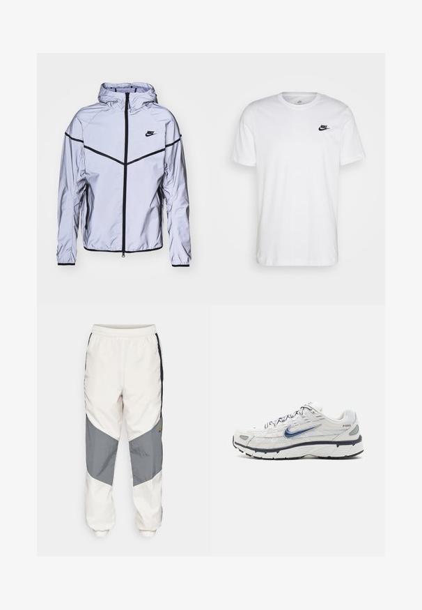 Nike Sportswear Let jakke / Sommerjakker - reflect silver; Hvid bomulds T-shirt med rund hals, korte ærmer og et sort Nike-logo på venstre bryst. Enkel, ensfarvet design.; Nike Sportswear AIR - Træningsbukser - orewood/iron grey/black; Nike Sportswear P 6000 - Sneakers - phantom/obsidian/summit white/white/black/metallic silver