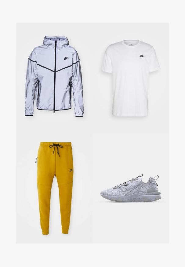 Nike Sportswear Let jakke / Sommerjakker - reflect silver; Hvid bomulds T-shirt med rund hals, korte ærmer og et sort Nike-logo på venstre bryst. Enkel, ensfarvet design.; Sennepsgule Nike joggebukser med sort snor, lynlåslomme i siden, ribstrikkede manchetter og Nike-logo på venstre lår.; Lys grå sportsko med en åndbar mesh-overdel, tekstureret gummisål og reflekterende accenter. Har en polstret krave og snørredesign.