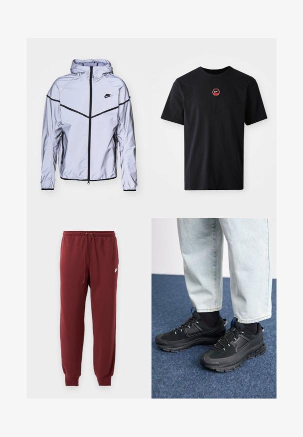 Nike Sportswear Chaqueta fina - reflect silver; Camiseta negra de mangas cortas hecha de algodón, con un logo hexagonal de Nike en rojo y blanco en el pecho y un escote redondeado.; Pantalones de chándal burdeos hechos de una tela suave, con una cinturilla elástica y cordón, y puños ajustados, marcados con un pequeño logotipo blanco.; Zapatillas deportivas negras con tejido texturizado y suelas de goma, con cordones elásticos y un acento azul en el talón. Combinadas con pantalones de mezclilla claros.