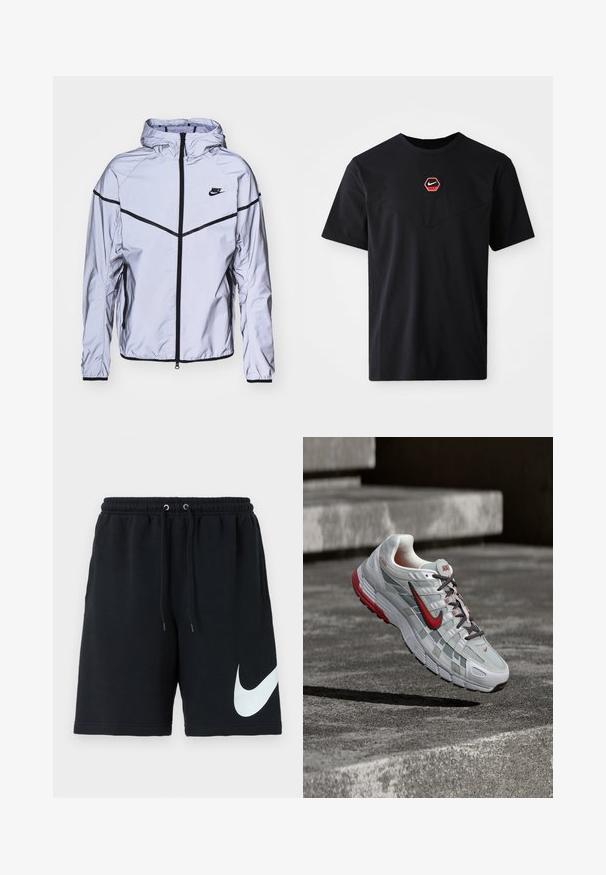 Nike Sportswear Chaqueta fina - reflect silver; Camiseta negra de mangas cortas hecha de algodón, con un logo hexagonal de Nike en rojo y blanco en el pecho y un escote redondeado.; Shorts de algodón negros con cinturilla elástica, cordón, bolsillos laterales y un gran logo blanco de Nike impreso en el lado izquierdo.; Zapatilla de correr Nike blanca y gris con detalles rojos y cordones negros, suspendida sobre escalones de hormigón gris.