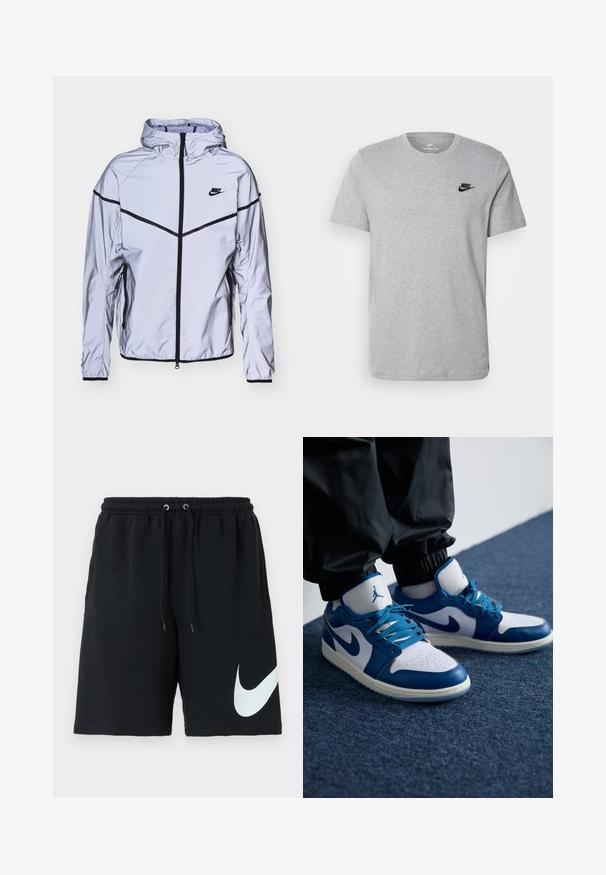 Nike Sportswear Chaqueta fina - reflect silver; Camiseta de manga corta gris de algodón, con un logo negro de Nike en el pecho y un cuello redondo. Diseño minimalista sin patrones.; Shorts de algodón negros con cinturilla elástica, cordón, bolsillos laterales y un gran logo blanco de Nike impreso en el lado izquierdo.; Las zapatillas Nike Air Jordan cuentan con una base de cuero blanco con acentos sintéticos azules, una caja de dedos perforada y cordones azules.