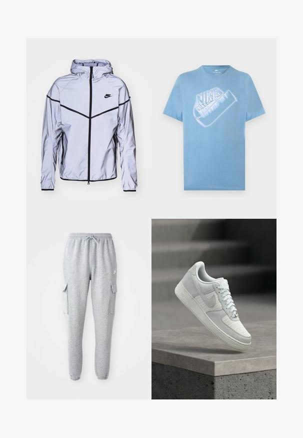 Nike Sportswear Leichte Jacke - reflect silver; Hellblaues Nike-T-Shirt mit kurzen Ärmeln und großem stilisiertem weißen Nike-Logo samt Swoosh-Grafik auf der Brust.; Graue Sweatpants aus weichem Material, mit elastischem Bund und Kordelzug, zwei seitlichen Cargo-Taschen und schmal zulaufenden Bündchen.; Weißer Nike Air Force 1 Sneaker mit Mesh- und Lederpaneelen, Schnürsenkel gebunden, schwebt über einer Betonplatte vor einem unscharfen Hintergrund aus Treppenstufen.