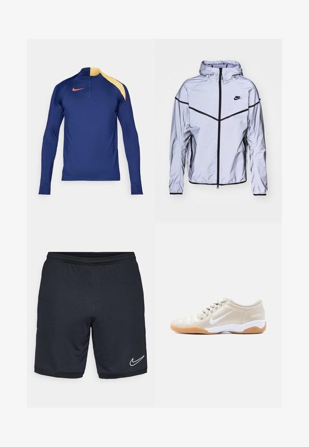 Nike Sportswear Veste légère - reflect silver; Haut de sport à manches longues bleu marine avec accent jaune sur l'épaule, col zippé mi-haut et logo swoosh rouge de Nike sur la poitrine.; Shorts de sport noirs en tissu léger et lisse, avec une taille élastique et un accent logo Nike blanc près de l'ourlet.; Chaussure de football en salle Nike Total 90 III beige avec swoosh blanc, semelle intermédiaire blanche, semelle extérieure en caoutchouc naturel et lacets beiges, vue de profil.