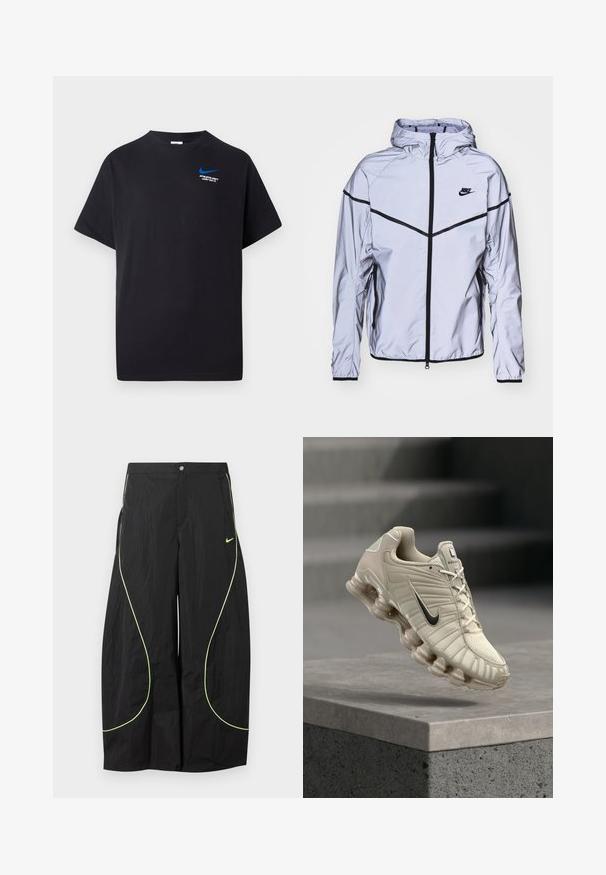 Nike Sportswear Chaqueta fina - reflect silver; Camiseta negra de manga corta con pequeño swoosh azul de Nike y texto blanco "DEPARTAMENTO ATLETICO SOLO HAZLO." en la parte superior izquierda del pecho.; Pantalones anchos negros de Nike con ribete curvado en verde neón y pequeño logo de swoosh de Nike en el muslo derecho, cierre de botón y cremallera en la cintura.; Zapatilla de running Nike beige con el swoosh negro, parte superior transpirable y suela segmentada distintiva, situada sobre una plataforma de hormigón.
