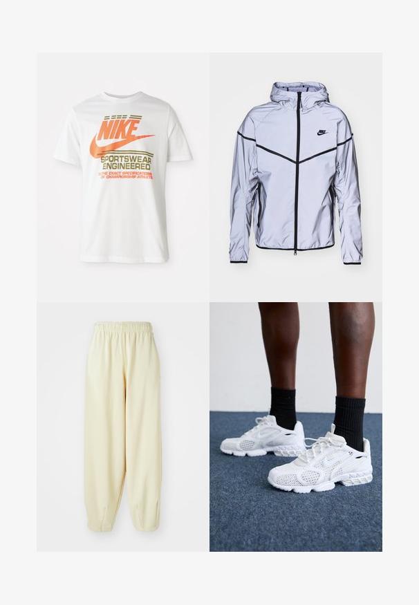 Nike Sportswear Chaqueta fina - reflect silver; Camiseta de algodón blanca con un gran logo naranja de "NIKE" y texto verde que dice "SPORTSWEAR ENGINEERED" junto con especificaciones adicionales.; Pantalones de chándal color crema con cintura elástica, puños de pierna ajustados y un corte holgado. Hechos de una tela suave y ligera.; Zapatillas deportivas blancas con parte superior de malla, acentos texturizados y suela acolchada. Combinadas con calcetines cortos de canalé negros sobre una superficie de moqueta azul.