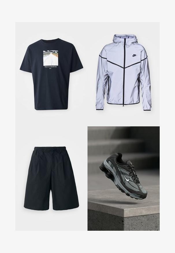 Nike Sportswear Chaqueta fina - reflect silver; Camiseta de algodón azul marino de manga corta, con un gráfico cuadrado de una carretera y un diseño en espiral, y el texto "No hay línea de meta" en blanco.; Pantalones cortos negros con cintura elástica y cordón ajustable. Hechos de una tela suave, con un corte holgado y sin patrones visibles.; Zapatilla deportiva gris y negra con paneles de malla y suela gruesa, posicionada en el aire sobre un saliente de hormigón con escaleras de fondo.