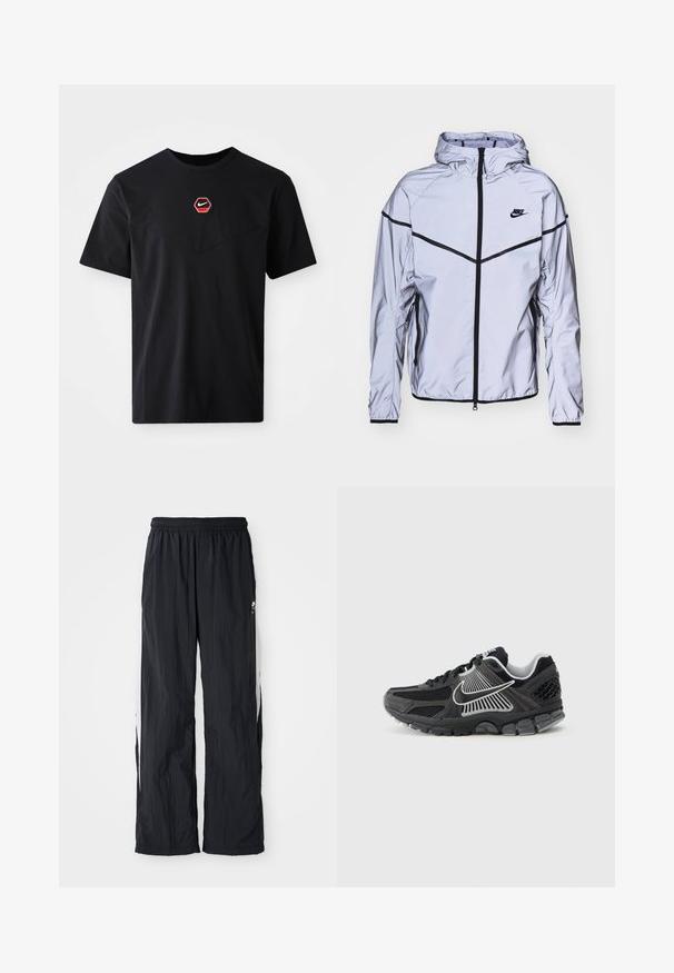Nike Sportswear Let jakke / Sommerjakker - reflect silver; Sort kortærmet T-shirt i bomuld med et sekskantet rødt og hvidt Nike-logo på brystet og en rund halsudskæring.; Sorte nylon træningsbukser med elastisk talje, der har hvide sideløsninger og en diskret logo detalje foran.; Sort atletiksko med meshpaneler og syntetiske detaljer. Har en rundet tå, tyk polstret sål og kontrasterende hvide logodetaljer.