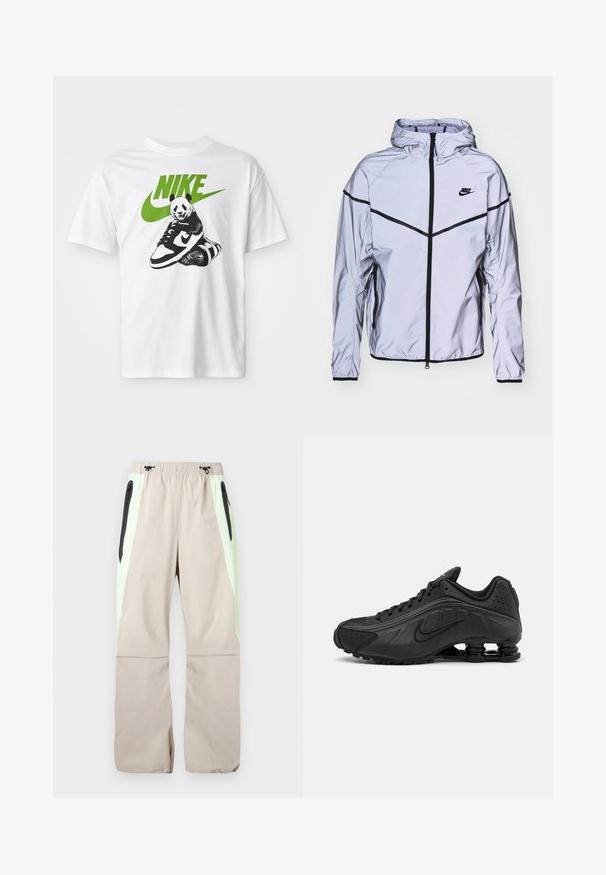 Nike Sportswear Let jakke / Sommerjakker - reflect silver; Hvid bomulds t-shirt med et sort-hvidt panda grafik, der holder en Nike sneaker, med et grønt Nike-logo ovenfor.; Beige bukser med lysegrønne sidepaneler, sorte lår-lommer med lynlås og elastisk talje med sorte snore.; Sorte løbesko med en glat syntetisk overdel, perforerede detaljer, teksturerede sidedele og en distinkt fjedrende sål.