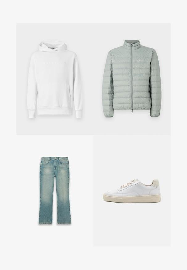 Lys grøn puffervest med høj krave, lynlås lukning og vandret quiltet mønster. Har et lille logo på brystet.; Hvid hoodie med frontkangaroo-lomme, snørehætte og præget "QUARTZ CO" logo på brystet. Blødt bomuldsstof.; Lyseblå denimjeans med let falmet effekt, lige ben, knaplukning foran og femlomme-stil på hvid baggrund.; Hvide sneakers med en glat læderoverdel, beige snørebånd og en tekstureret beige ruskindsheel-tab. Hævet sål for ekstra højde.