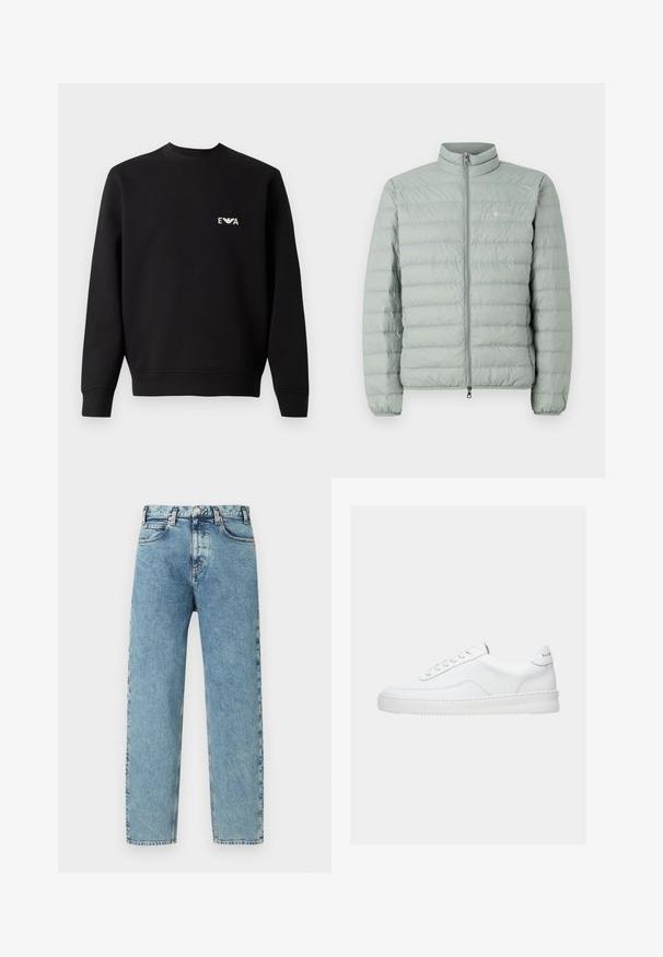 Lichtgroene pufferjas met een hoge kraag, ritssluiting en horizontaal gestikt patroon. Heeft een klein logo op de borst.; Zwarte sweatshirt met ronde hals, lange mouwen en ribgebreide manchetten. Bevat een klein, wit geborduurd logo op de borst. Gemaakt van een katoenmix.; Lichtblauwe spijkerbroek met een rechte pijp, vijf zakken en een messing knoopsluiting. De stof heeft een licht gestructureerde, vervaagde uitstraling.; Witte lage sneaker met vetersluiting, glad leren bovenwerk en dikke zool, gezien vanuit de zijkant tegen een effen achtergrond.