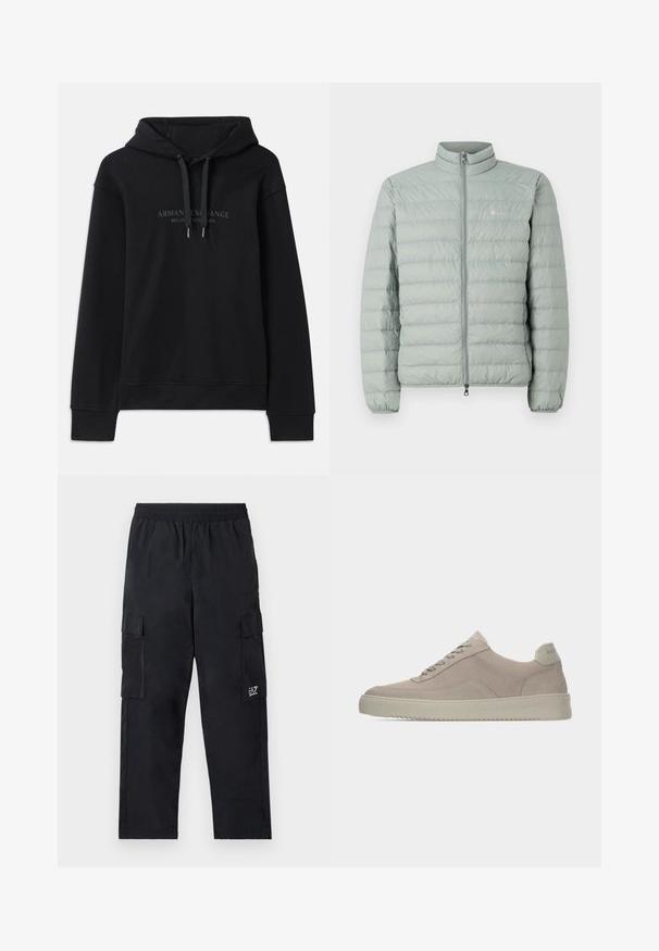 Helle grüne Pufferjacke mit hohem Kragen, Reißverschluss und horizontalem Steppmuster. Verfügt über ein kleines Logo auf der Brust.; Schwarzer Hoodie aus weichem Material, mit einer verstellbaren Kapuze und gerippten Bündchen. Gesticktes Logo in dunklen Tönen auf der Vorderseite.; Schwarze Cargo-Hosen mit einem elastischen Bund, Seitentaschen und einem kleinen Logo am linken Bein. Hergestellt aus leichtem, glattem Stoff.; Beige Wildledersneaker mit strukturierter Oberfläche, abgerundeter Zehenpartie und tonalen Schnürsenkeln. Verfügt über eine dicke Gummisohle und dezente Markenkennzeichnung an der Ferse.