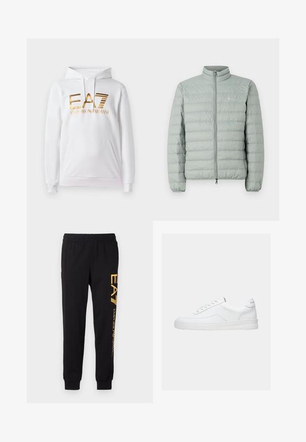 Lichtgroene pufferjas met een hoge kraag, ritssluiting en horizontaal gestikt patroon. Heeft een klein logo op de borst.; Witte hoodie met een voorzak, voorzien van een gouden metallic logo met de tekst "EA7 EMPORIO ARMANI." Zachte stof en geribbelde manchetten.; Zwarte trainingsbroek van zacht materiaal, met een elastische tailleband en cuffed enkels. Gele branding die verticaal op het linkerpijp is gedrukt.; Witte lage sneaker met vetersluiting, glad leren bovenwerk en dikke zool, gezien vanuit de zijkant tegen een effen achtergrond.