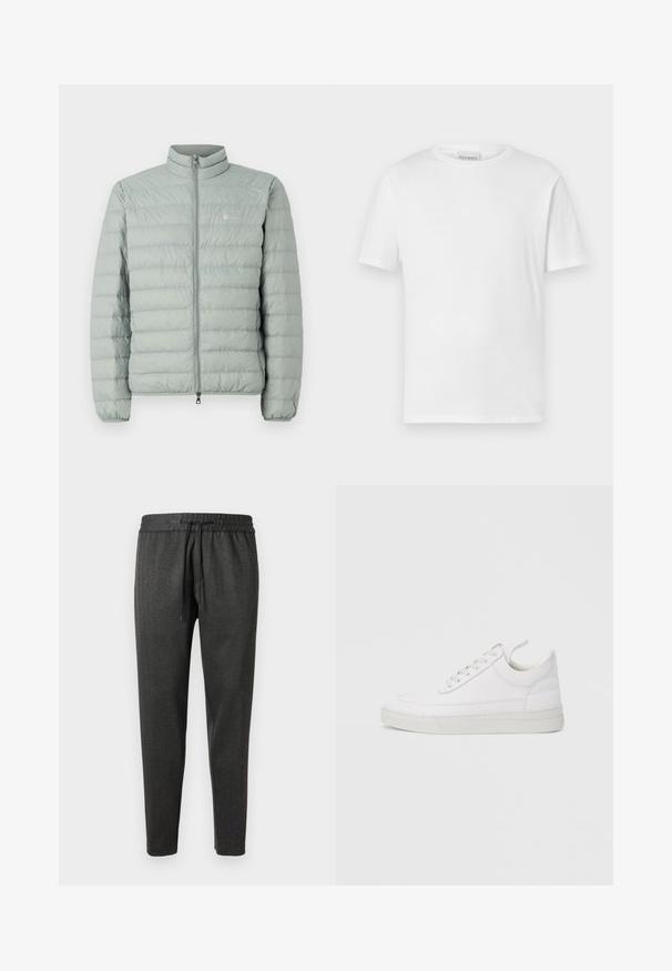 Doudoune vert clair avec un col montant, fermeture zippée et motif matelassé horizontal. Présente un petit logo sur la poitrine.; T-shirt blanc à manches courtes en coton. Présente un col rond et un ourlet droit. Sans motifs ni embellissements. Design simple.; Pantalons de jogging gris foncé en tissu texturé, dotés d'une taille élastique et d'un cordon de serrage. Conception des jambes fuselées sans poches.; Baskets en cuir blanc avec un embout arrondi, une semelle plate et un laçage à l'avant. Présentent des détails de couture et un col rembourré pour plus de confort.