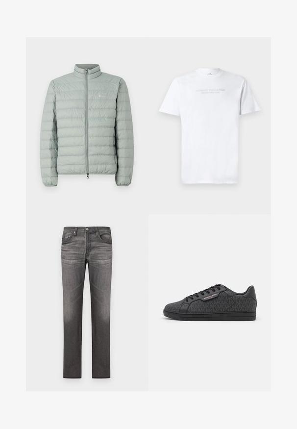 Lys grøn puffervest med høj krave, lynlås lukning og vandret quiltet mønster. Har et lille logo på brystet.; Hvid bomulds T-shirt med rund halsudskæring, korte ærmer og prægede "ARMANI EXCHANGE MILANO/NEW YORK" logo på fronten.; Mørkegrå denim jeans med lige ben, fem lommer, let forvitring og syede detaljer langs sømmene.; Sorte sneakers med en tekstureret stofoverdel med et subtilt MK-mønster, sorte læderdetaljer og en sort gummisål.