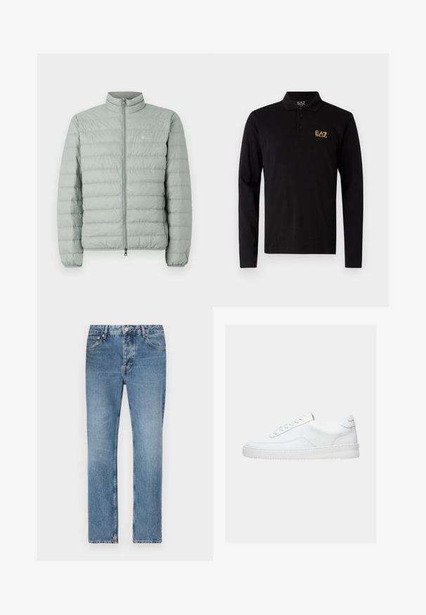 Doudoune vert clair avec un col montant, fermeture zippée et motif matelassé horizontal. Présente un petit logo sur la poitrine.; Polo shirt noir à manches longues en coton, doté d'une patte de boutonnage à trois boutons et d'un logo brodé jaune contrastant sur la poitrine.; Jean en denim bleu clair avec une coupe droite, cinq poches et une fermeture à glissière. Détails de décoloration et de couture distincts.; Baskets basses blanches avec un design à lacets, dessus en cuir lisse et semelle épaisse, montrées de profil sur un fond uni.
