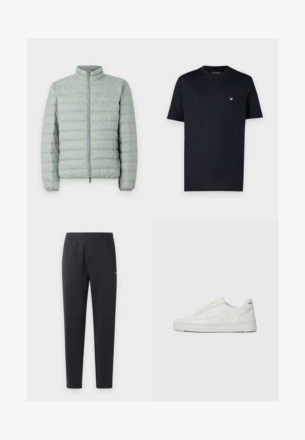 Doudoune vert clair avec un col montant, fermeture zippée et motif matelassé horizontal. Présente un petit logo sur la poitrine.; T-shirt en coton noir avec col rond, manches courtes et petit logo doré sur la poitrine. Texture lisse, coupe standard.; Pantalons de jogging noirs en tissu doux, dotés d'une taille élastique, de jambes droites et d'un petit logo sur le côté.; Baskets en cuir blanc avec une finition lisse, bout arrondi, lacets plats et semelle texturée. Présente un logo discret sur le talon.