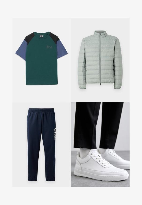 Helle grüne Pufferjacke mit hohem Kragen, Reißverschluss und horizontalem Steppmuster. Verfügt über ein kleines Logo auf der Brust.; Kurzhärmeliges T-Shirt mit grünem Körper, schwarzen Schulterpaneelen, blauen Ärmeln und kleinem EA7 Emporio Armani-Logo auf der Brust.; Marineblaues Sweatpants mit elastischem Bund, zulaufenden Beinen und einem weißen Logo an der Seite. Glattes Gewebe mit leichter Textur.; Weiße Leder-Sneaker mit flacher Gummisohle, ausgestattet mit einer glatten Oberfläche, runder Zehenpartie und Metallösen für die Schnürsenkel. Getragen mit schwarzen Hosen.