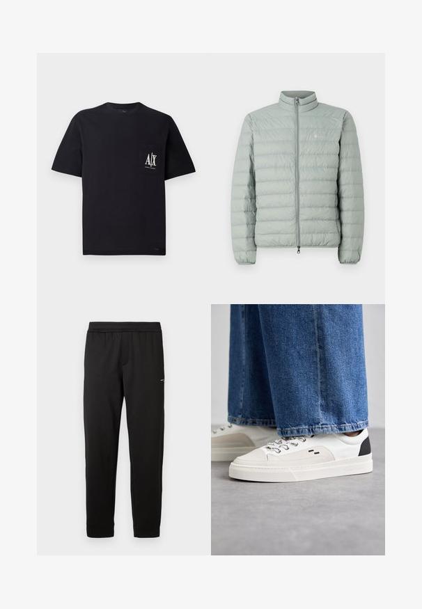 Doudoune vert clair avec un col montant, fermeture zippée et motif matelassé horizontal. Présente un petit logo sur la poitrine.; T-shirt en coton noir avec col rond et manches courtes. Présente une poche poitrine avec le logo blanc "A/X". Texture lisse, coupe décontractée.; Pantalon de sport noir en tissu doux. Taille élastique et poignets élastiques. Présente un petit logo sur le côté. Coupe droite.; Baskets blanches et noires avec une tige en cuir lisse, des accents texturés et une semelle épaisse blanche. Présentent un design classique à lacets.